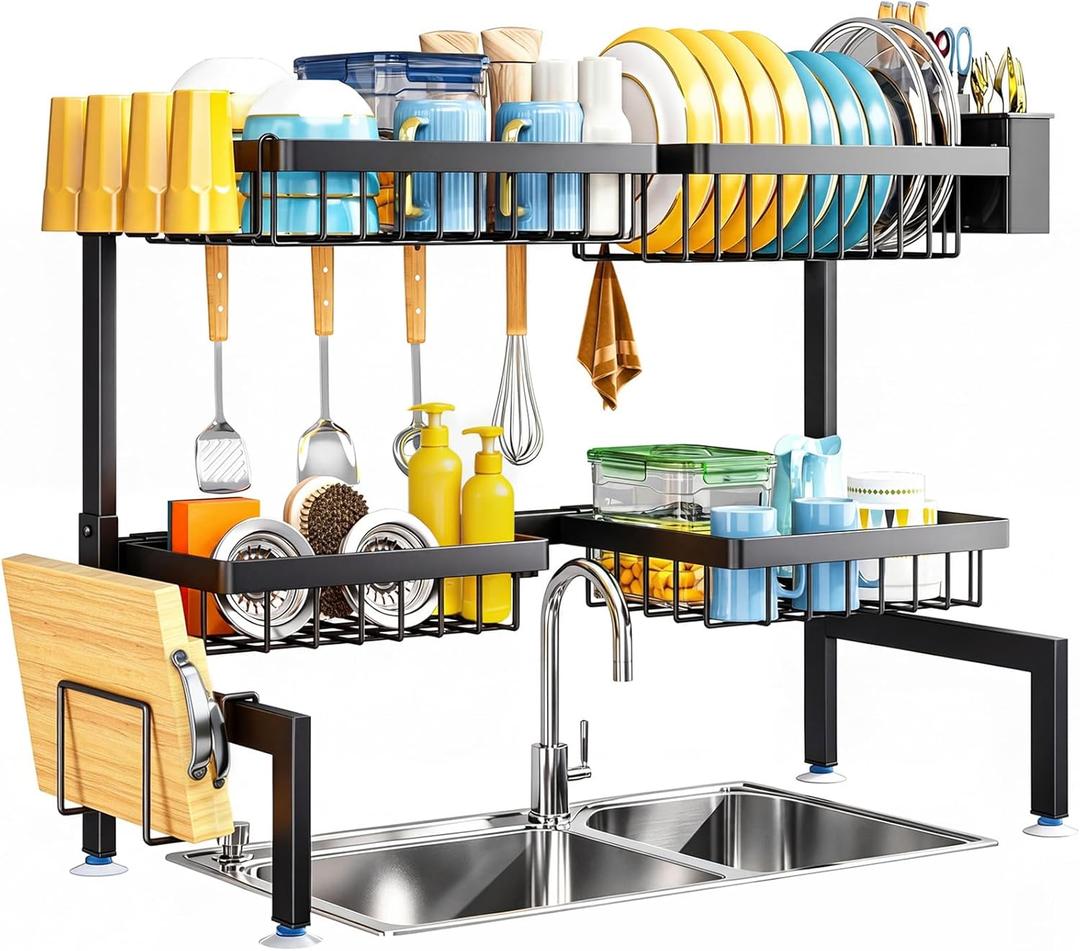 ARSTPEOE 2 Tiers 4 Baskets (one More Than Others) Over The Sink Dish Drying Rack,fits All Sinks (from 24.8" to 35.4"),2Tier Adjustable Sink Rack,Dishes Rack Kitchen Storage Organizer Space Saving