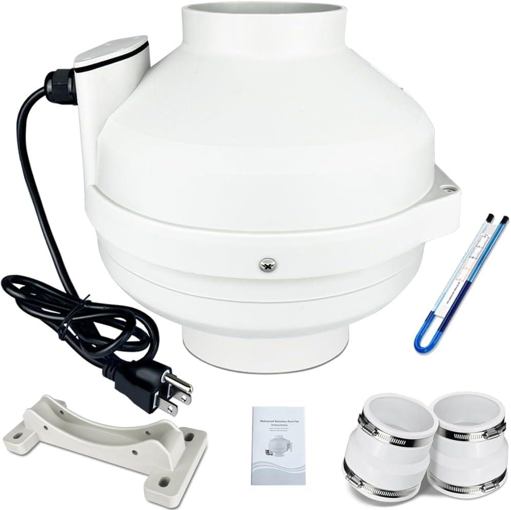 4 to 3 inch Radon Mitigation System Kit - 2 Speed Radon Fan 240CFM | 168CFM with Rubber Couplings and Air Pressure Indicator, Quiet and Energy Efficient, Fits 3” Piping