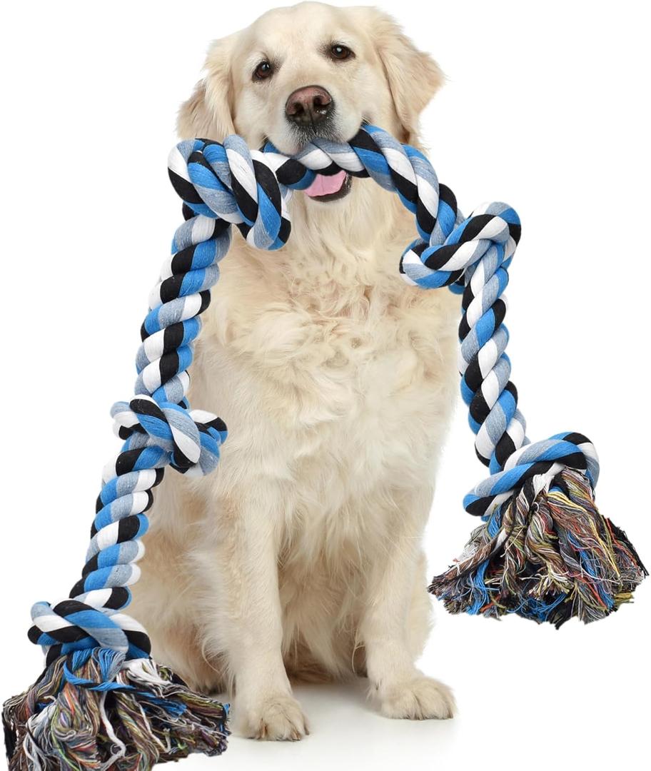 LECHONG Dog Toys for Aggressive Chewers Tough Rope Chew Toys for Large and Medium Dog 3 Feet 5 Knots Indestructible Cotton Rope for Large Breed Dog Tug of War Dog Toy Teeth Cleaning (1pack blue)