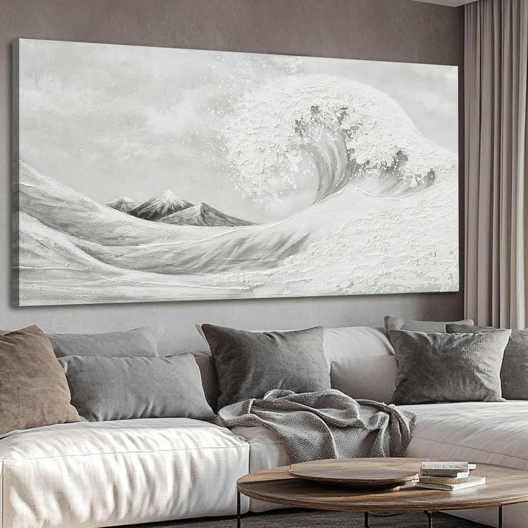 YETHEN WAL Textured Grey Wave Wall Art Extra Large 3D Coastal Canvas, Neutral Minimalist Seascape for Living Room Bedroom, Hand-Painted Details, 2958 Inch