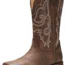 IUV Cowboy Boots For Women Square Toe Wide Western Boots Mid Calf Cowgirl Boots Pull On Fashion Embroidered Cowboy Boots (11, Coffee)