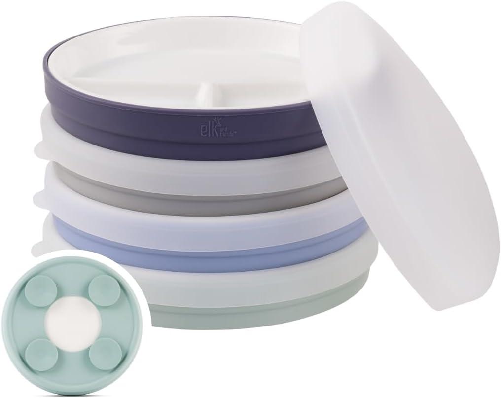 Elk and Friends Kids 7.8 Porcelain White Divided Plates with Silicone Suction Sleeves + Lids | Suitable for Babies/Toddlers | Microwave & Dishwasher Safe | Stay Put Dinnerware | Snack Dishes | 4 Pack