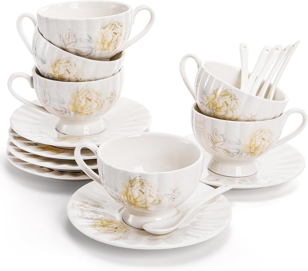 WRINGKIT Tea Cups and Saucers Set of 6, 7 Oz Floral Tea Cups, White Porcelain Tea Cup with Saucer, British Coffee Cups Sets for Women Teas Party, Cappuccino, Latte, Microwave Safe
