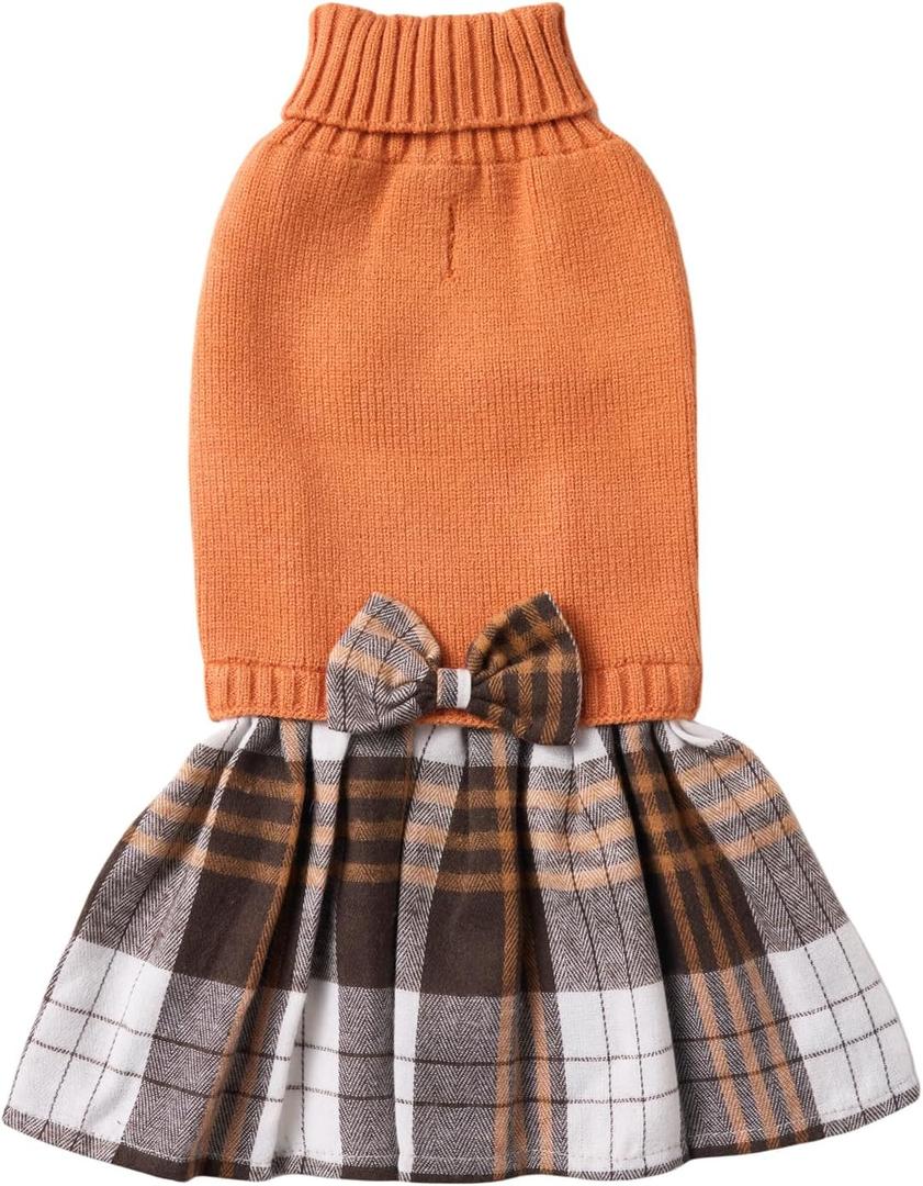 Orange Knitted Dog Sweater Dress, Dog Sweaters for Small Dogs Girl, Maltese Cat Apparel, Small (S) (Small (Pack of 1), Orange Preppy Plaid)