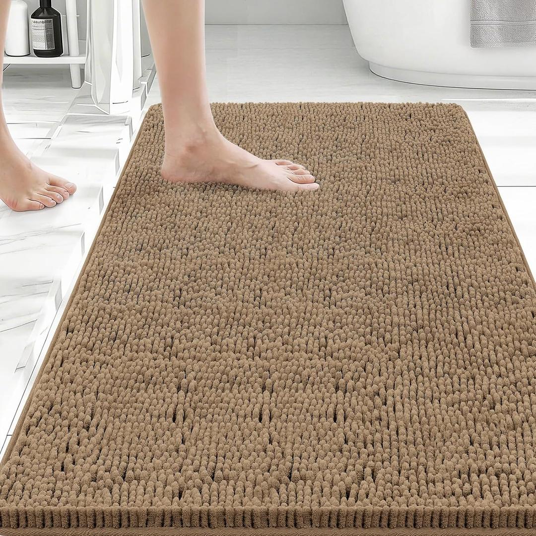 Bcoimo 36x24 Chenille Bath Mat  Non-Slip with Backing Bath Rug Ultra-Absorbent and Machine Washable Bathroom Mat Quick-Dry Design. Ideal for Bathroom Shower and Tub Areas (Khaki)