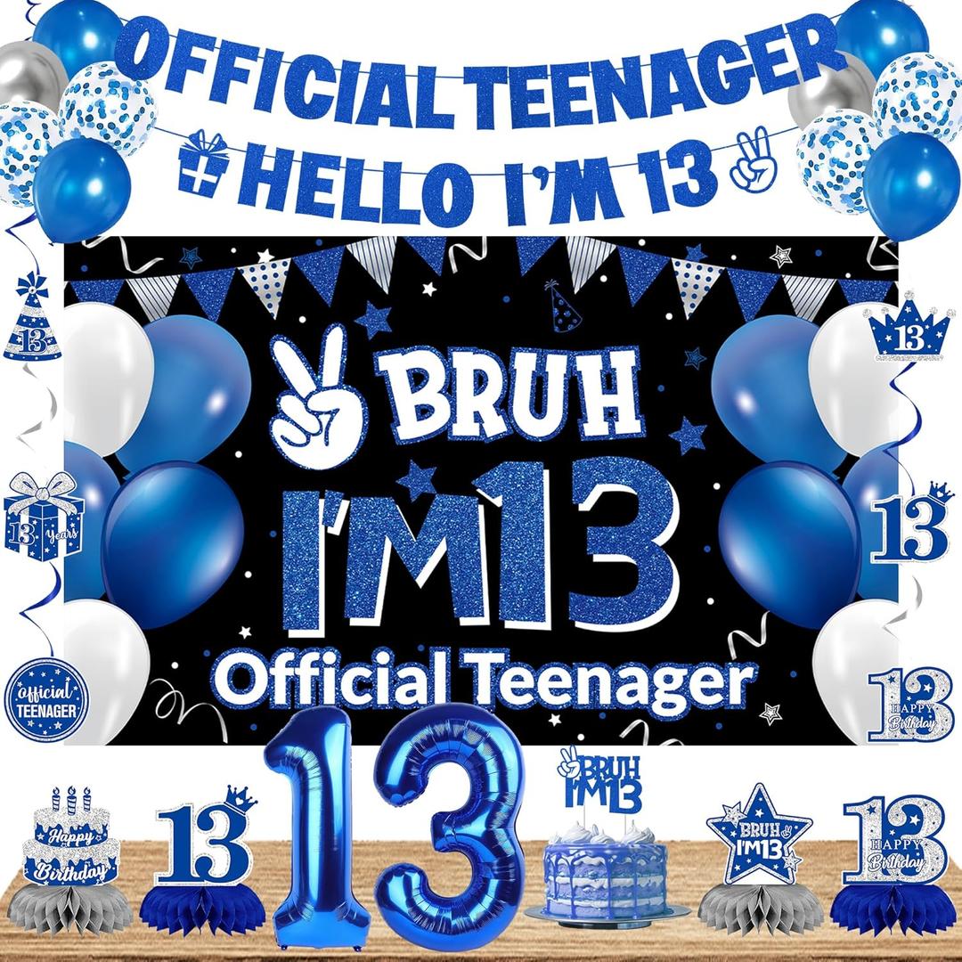 DARUNAXY 13th Birthday Party Decorations for Boys Girls, Blue Official Teenager Hello Im 13 Banner, 13 Number Balloons & Cake Topper, 13 Years Old Birthday Honeycomb Hanging Swirl Confetti Balloons