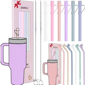 Reusable Replacement 12 inch Long Silicone Straw With Cover, Stocking Stuffers Gifts for Women Men Teens Girls Boys, Compatible with Stanley Tumbler Cup Accessorie 40 oz 30 oz, Bent and Straight (2x 6 Pack)