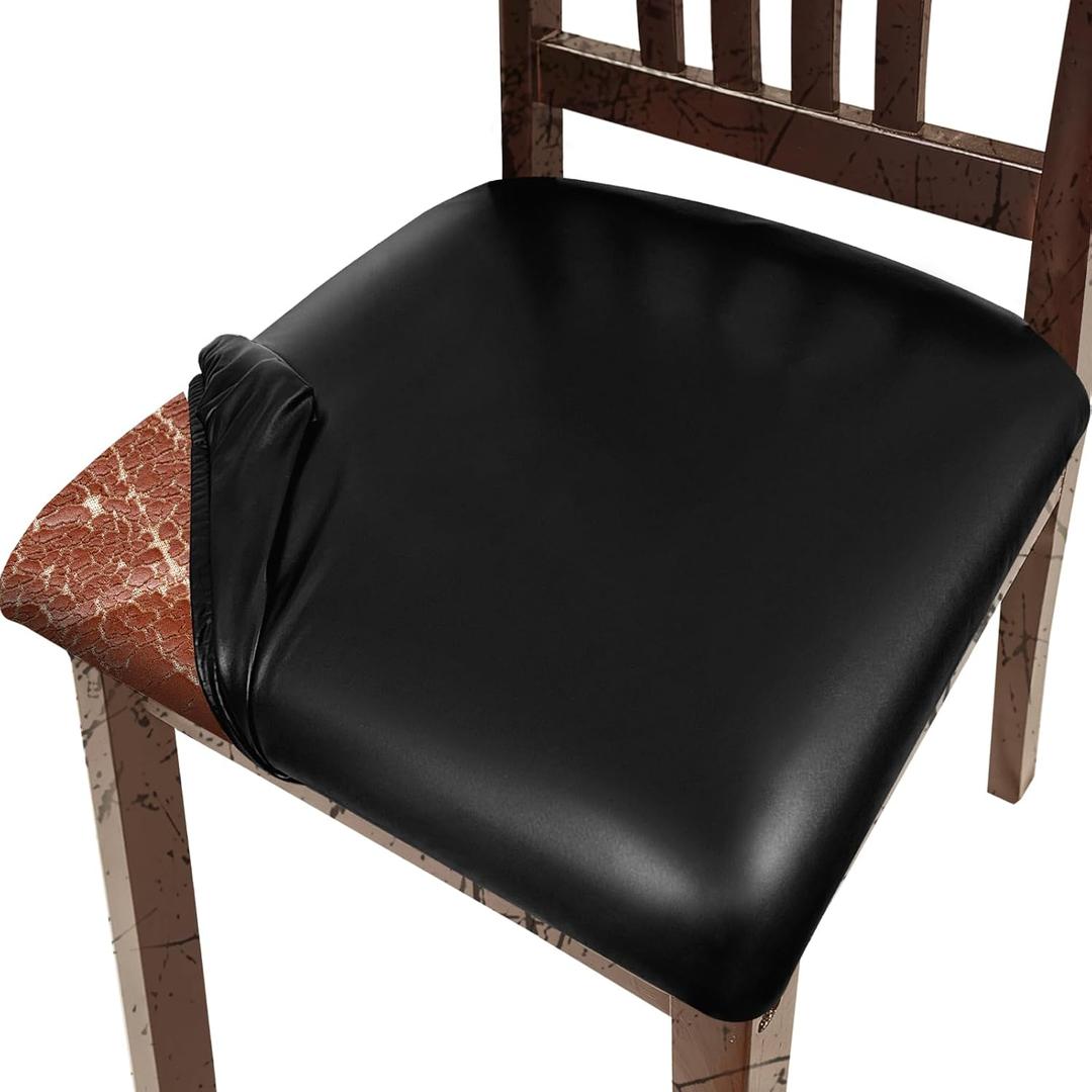 Pu Leather Dining Chair Seat Covers Set of 4, Waterproof Dining Seat Covers Stretch Chair Covers for Dining Chairs/Kitchen Room/Hotel, Odorless Seat Covers for Kitchen Chairs (Black - 4 PCS)