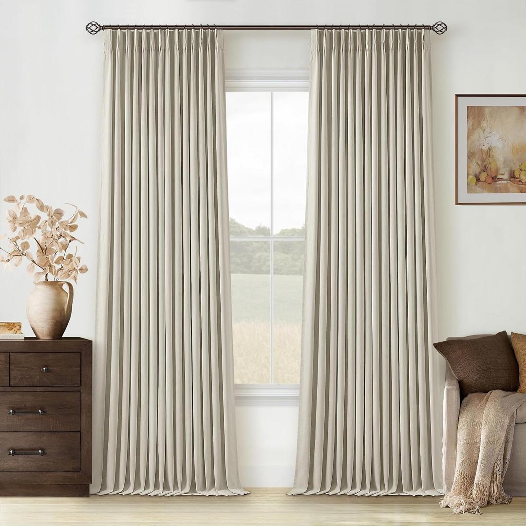 Light Beige Pinch Pleated 100% Blackout Linen Bedroom Curtains 96 Inch Length Double Layer Pleat Curtains Ring Hooks Back Tab Black Out Room Darkening Drapes 96 Inches Long Living Room Oatmeal