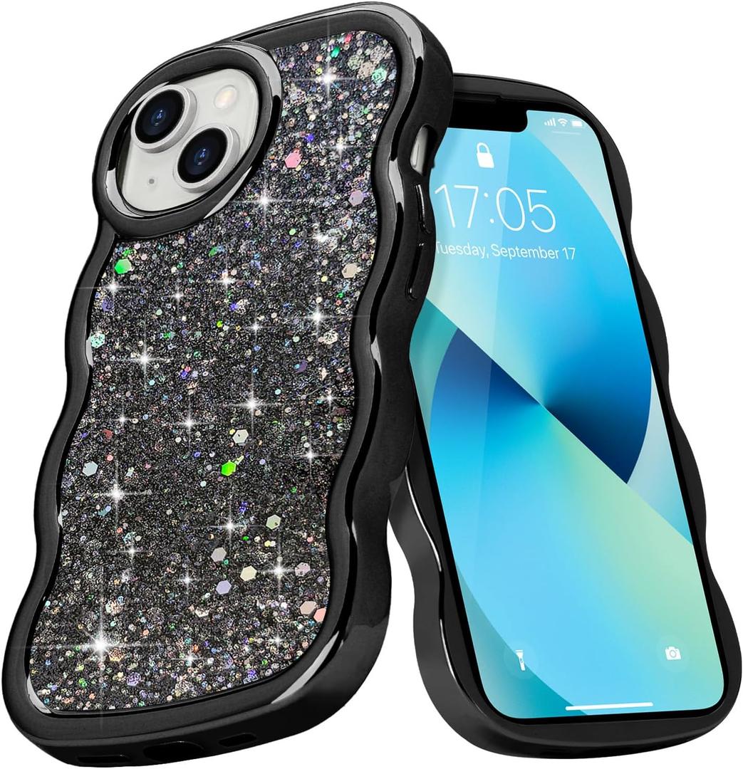 Micoden for iPhone 14/iPhone 13 Case, Cute Bling Glitter Sparkly for Women Girls Slim Protective Durable Curly Wave Edge Plating Shockproof Camera Protection Phone Case for iPhone 14/13, Black