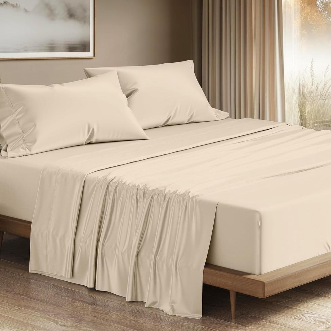 THREAD SPREAD 100% Egyptian Cotton Sheets Queen Size - 1200 Thread Count 4 PC Queen Sheet Set Egyptian Cotton, Sateen Weave Luxury Sheets Queen Size, High Thread Count Sheets, 17" Deep Pocket - Beige