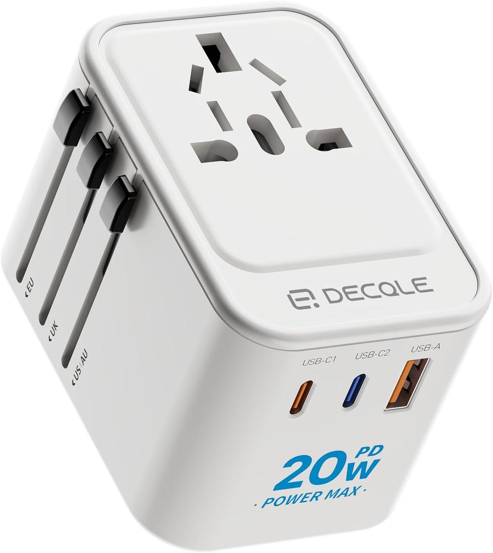 Universal Travel Adapter, International Travel Plug Adapter with 2 USB-C(PD 20W) 1 USB-A Ports, All in One Portable Adaptor, for USA, UK, EU, AU 224+ Countries (White) US