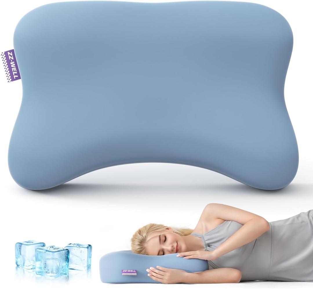 Cooling Side Sleeper Pillow - Patented Cervical Neck Pillow for Sleeping - Ergonomic Curved Memory Foam Pillow for Side Sleepers, Machine Washable Cover (Blue) (Medium Firm / Blue)