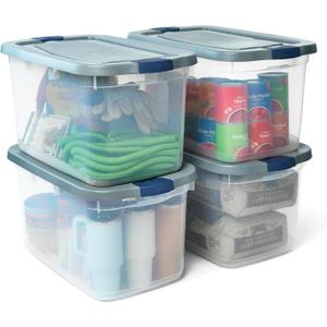 Rubbermaid Roughneck Clear 66 Qt/16.5 Gal Storage Containers, Pack of 4 with Latching Grey Lids, Visible Base, Sturdy and Stackable, Great for Storage and Organization