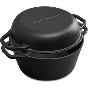Chef Power 2-in-1 Cast Iron Dutch Oven with Skillet Lid, 5QT Camping Dutch Oven Pot with Lid for Bread, Frying, Baking, Roasting, Cooking, BBQ  Versatile Cast Iron Cookware