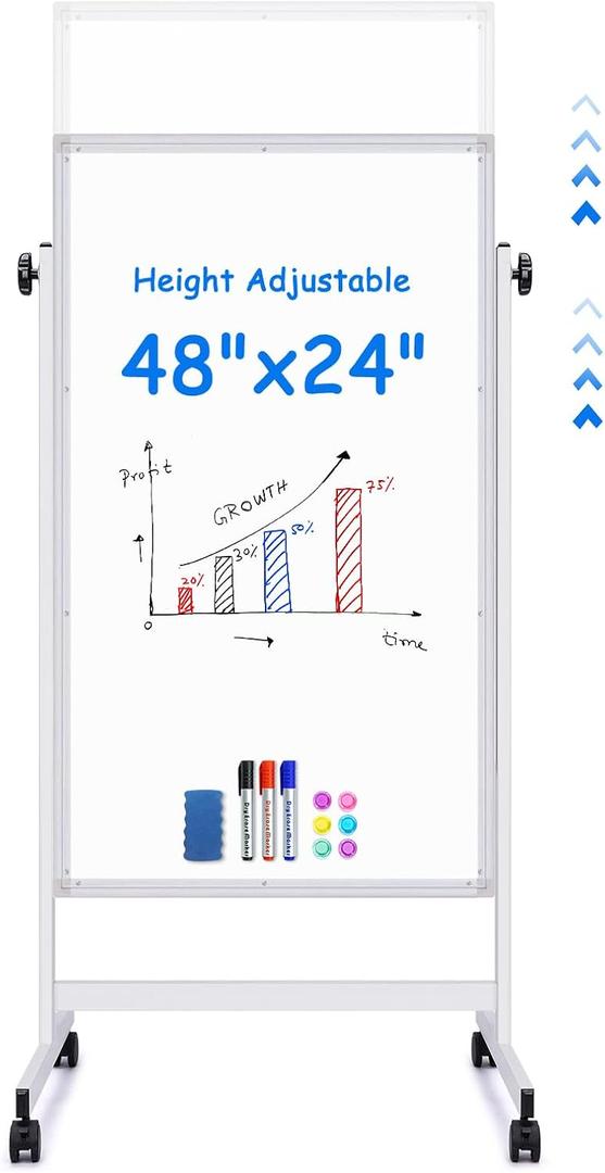 7Maxtek Rolling White Board 48 x 24in,Height Adjustable Whiteboard on Wheels Mobile Easel Large Magnetic Portable Double-Sided Dry Erase Board with Stand for Classroom, Home, School, Office and Teachers