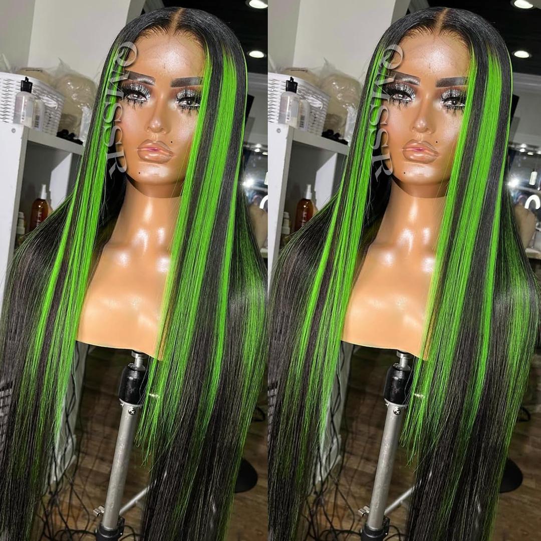 Highlight Green Synthetic Lace Front Wigs Pre Plucked Black Straight Hair with Green Streak Heat Resistant Glueless 13x4 Lace Wig for Fashion Women 24 Inch