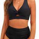 Tempt Me Women Two Piece Swimsuits High Waisted Bikini Set Tummy Control Bathing Suits Knot Twist Cutout Swimwear (Small, Black)