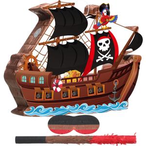 Pasimy Pirate Piata with Blindfold and Stick Pirate Ship Piata Bundle for Treasure Theme Birthday Baby Shower Halloween Party Adventure Decorations Family Game Supplies, 16.14 x 12.20 Inch