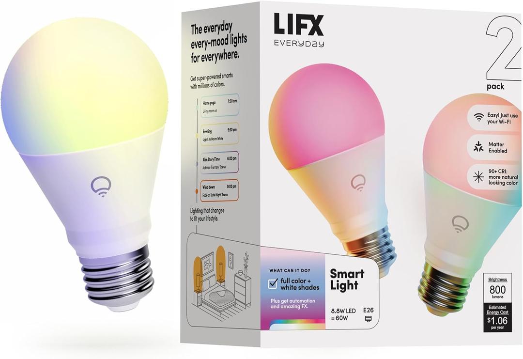LIFX Everyday A19 Smart LED Light Bulb, 800 Lumens, 90+ CRI, Color Changing, Dimmable, Wi-Fi, Matter Compatible, Compatible with Alexa, Google, Apple Home & SmartThings, LFXEA19800RGBCW/2, 2-Pack
