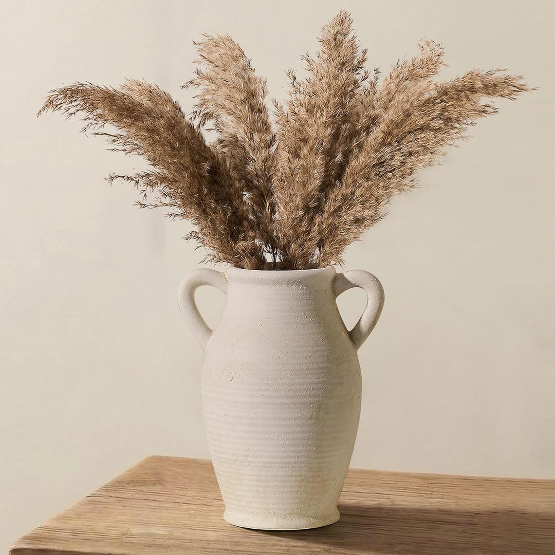 Large Ceramic Rustic Vase with 2 Handles, 9.8 inch Farmhouse Flower Vase, Minimalist for Home Decor, Living Room, Shelf Decor, Pampas Grass, Enterway, Table Decoration, Gift, Off White