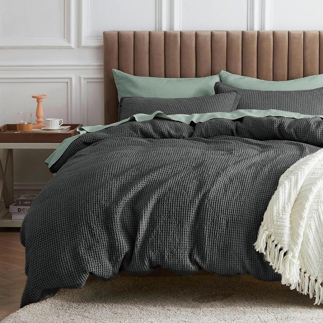 Bedsure Waffle Comforter Set King, Charcoal Soft Cotton Bedding, Waffle Weave Bed Set, 3 Pieces, 1 Comforter (104"x90") and 2 Pillow Shams, Premium Cotton Cover with Polyester Fill for All Seasons (06 - Charcoal)