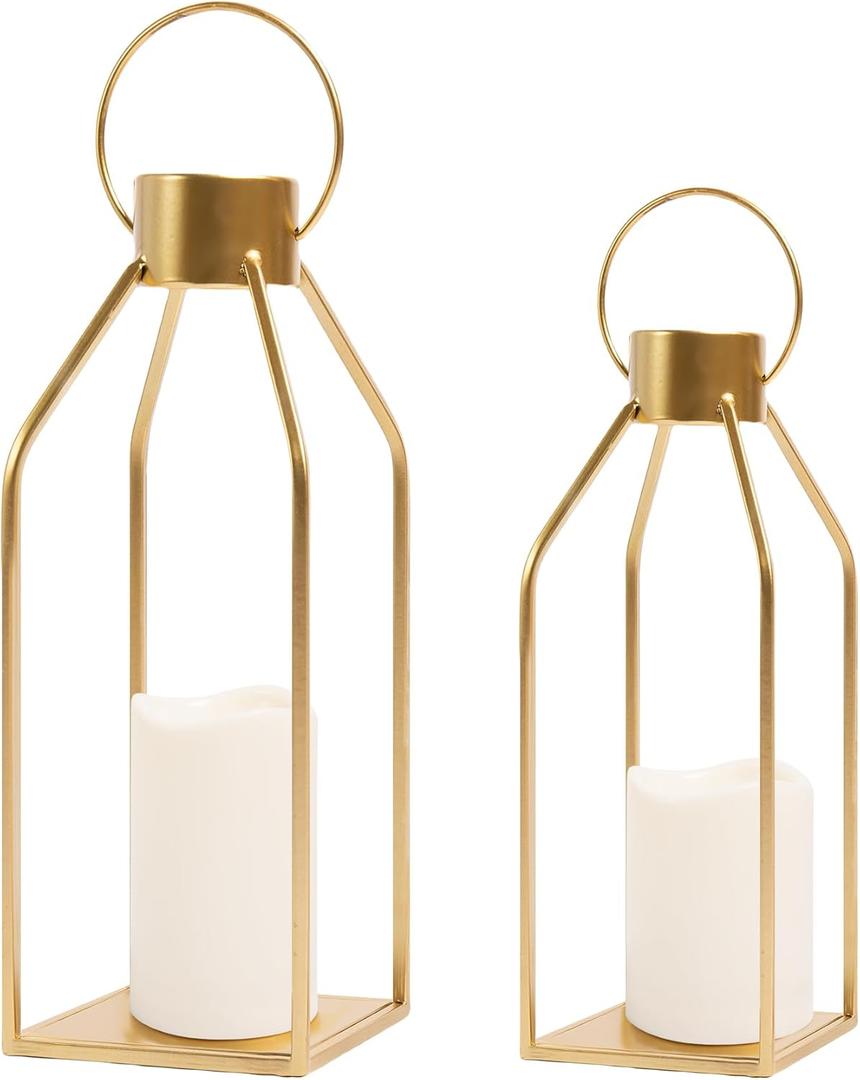 HPC Decor Modern Farmhouse Lantern Decor- Gold Metal Candle Lanterns for Christmas- Lanterns Decorative w/Timer Flickering Candles for Living Room, Home, Indoor, Outdoor, Table,Fireplace Mantle Decor (15inch and 12inchGold)