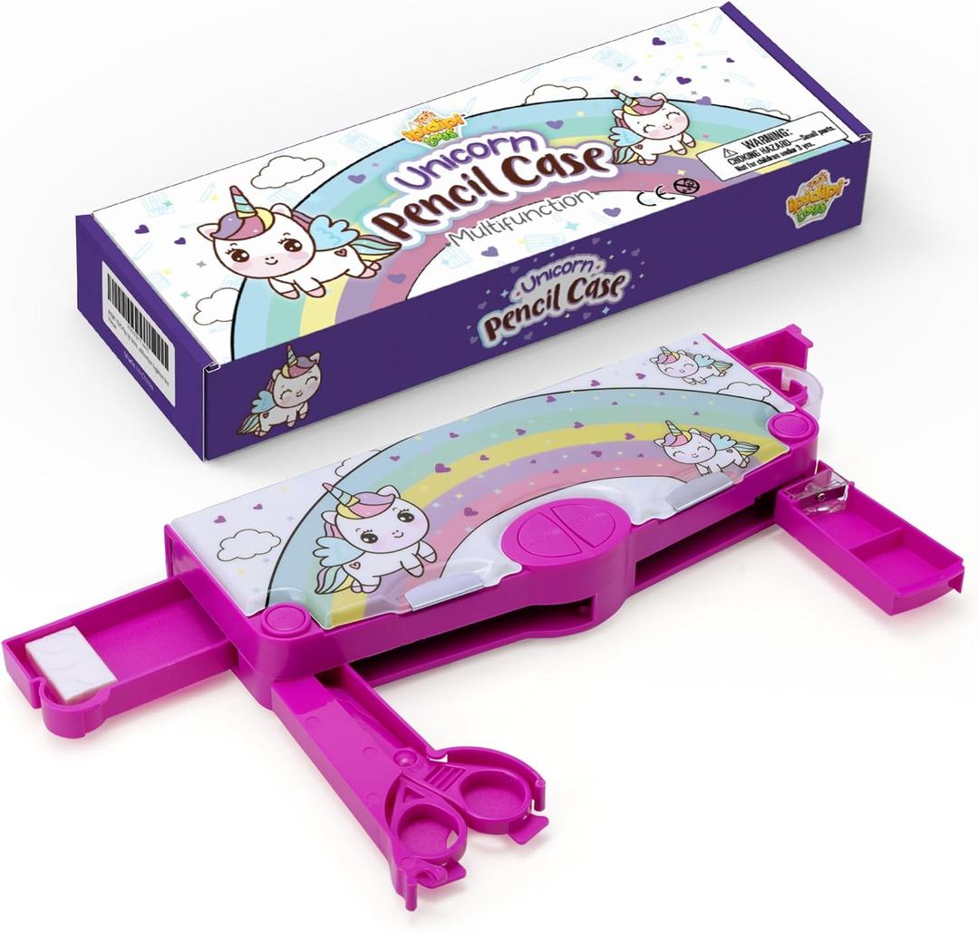 IPIDIPI TOYS Unicorn Pop Up Pencil Case for Girls  Multifunctional Stationery Box with Sharpener, Scissors, Tape Dispenser & Pencils  Back to School Gift, Pencil Holder - 5-Button Design