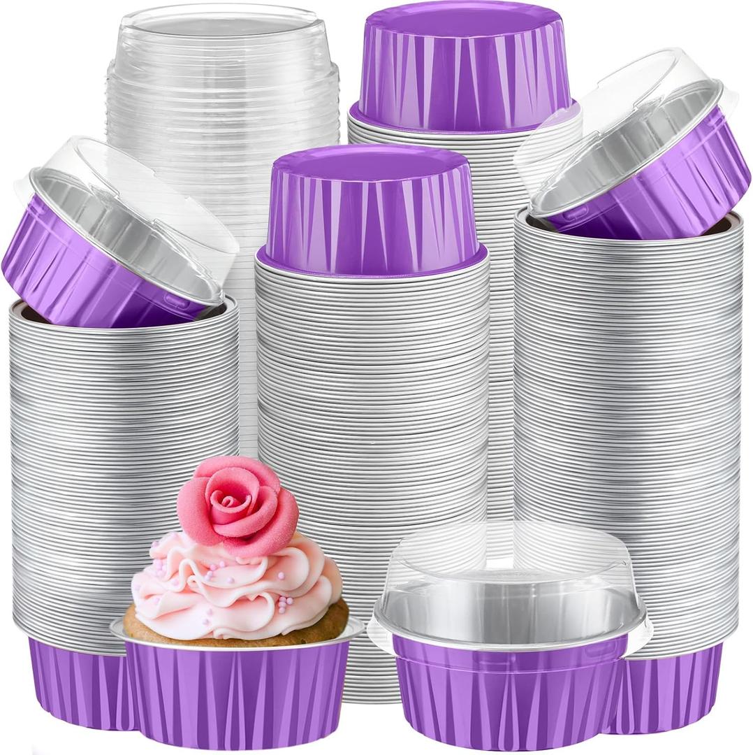 Gejoy 400 Pcs Aluminum Foil Baking Cups with Lids 5 oz Disposable Ramekins Mini Cake Pans Creme Brulee Cupcake Liners Muffin Tins Flan Mold Dessert Container for Wedding(Purple,Classic)