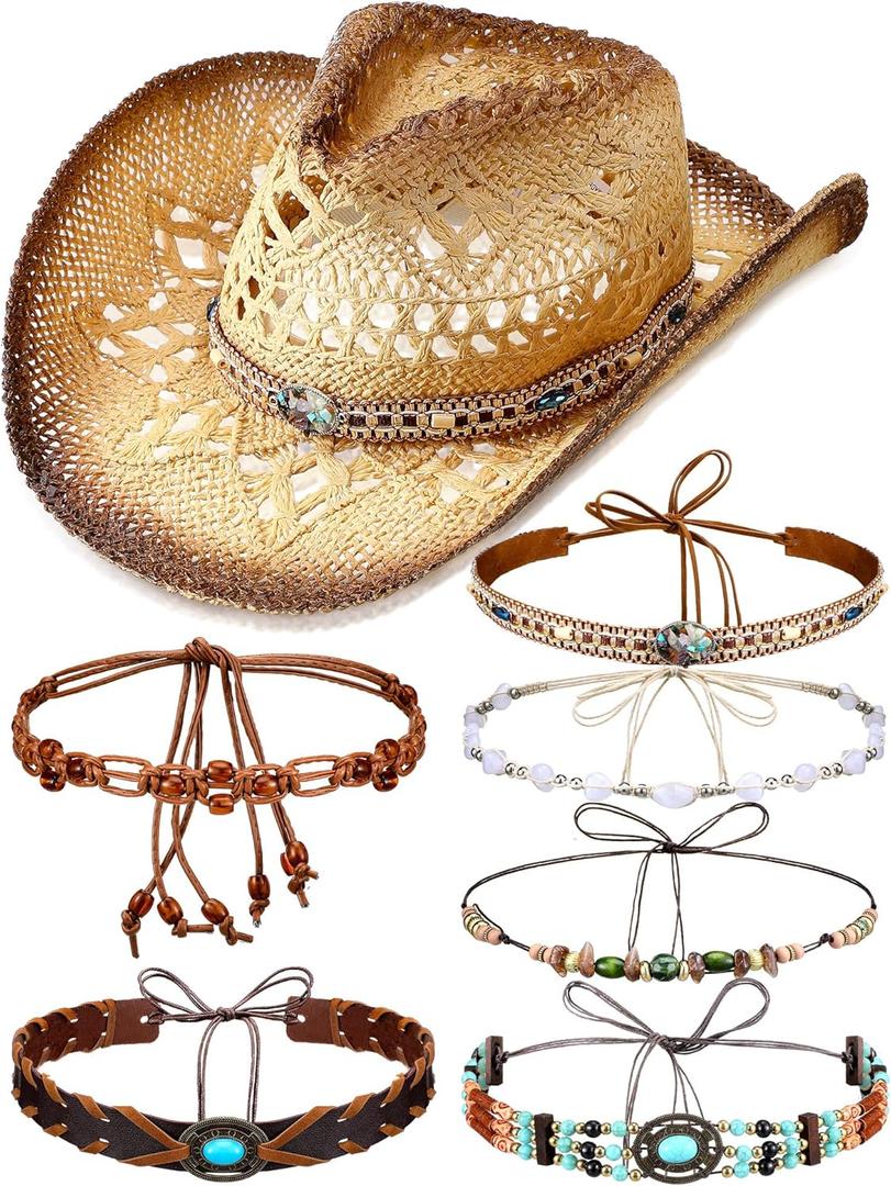 Interchangeable Cowgirl Hat Set Straw Cowboy Hat for Women Western Cowgirl Hat with Six Decorative Bands (multicolor Beige and Brown)