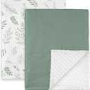 GLLQUEN BABY Blankets for Unisex Boys Girls, 2-Pack Muslin Cotton Front Soft and Breathable, and Dotted Fleece Backing, Nursery Minky Blankets for Toddler Newborn, Green Leaves,30 x 40 inches
