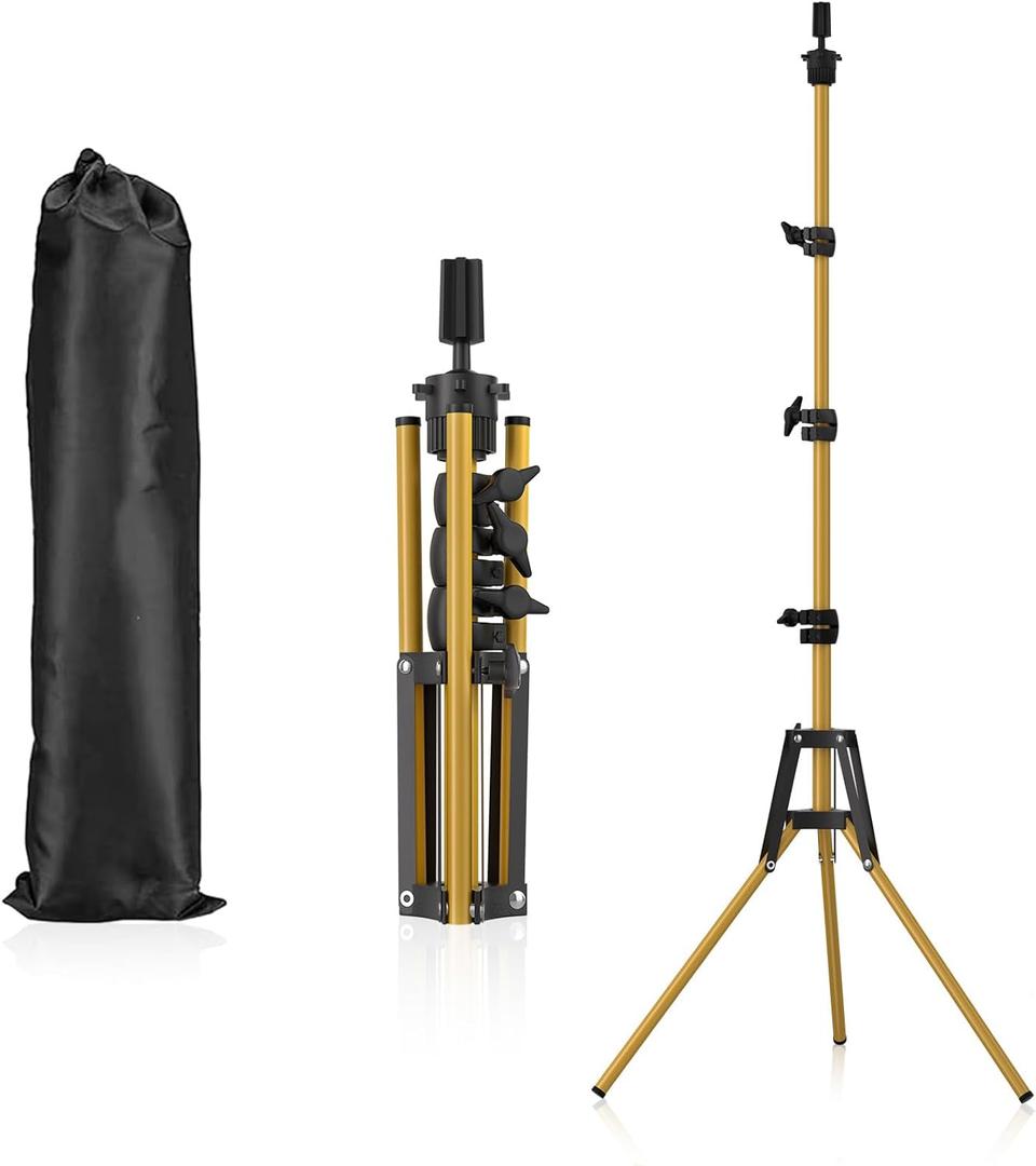 Reinforced Mannequin Head Stand, Wig Stand Tripod, Adjustable Floor Holder, Manikin Stand for Cosmetology Hairdressing Training (Golden Metal)