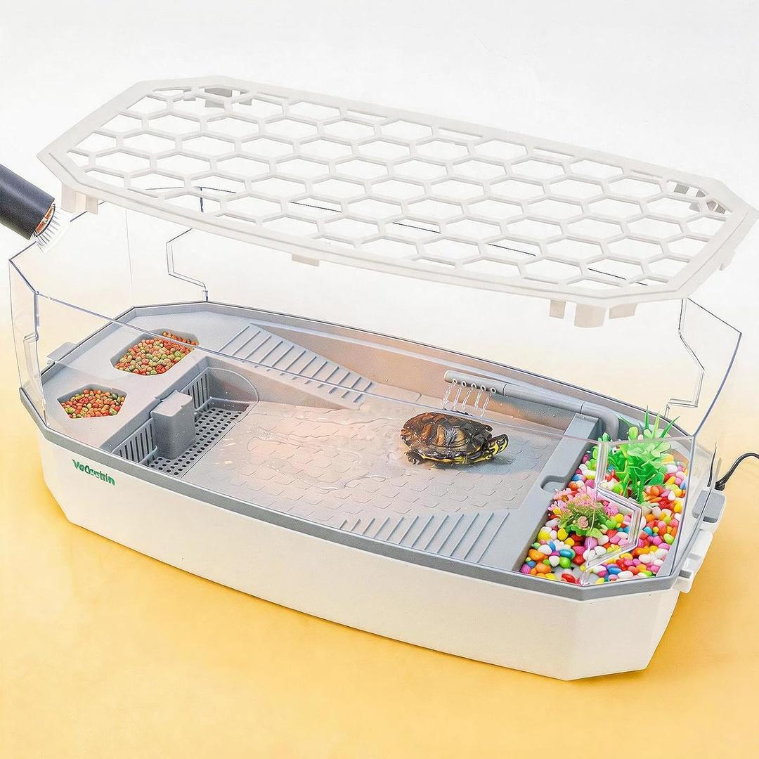 Large Turtle Tank Aquarium Kit with Basking Platform 3-Stage Filter Heating Lamp Anti-Escape Lid Complete Habitat for Aquatic Box Turtles (White, 19.610.08.4 Inch)