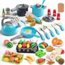 105Pcs Kids Kitchen Toy Accessories, Toddler Pretend BBQ Camping Cooking Playset, Play Pots, Pans, Utensils Cookware Toys, Play Food Set, Vegetables, Learning Gift for Girls Boys (Turquoise)
