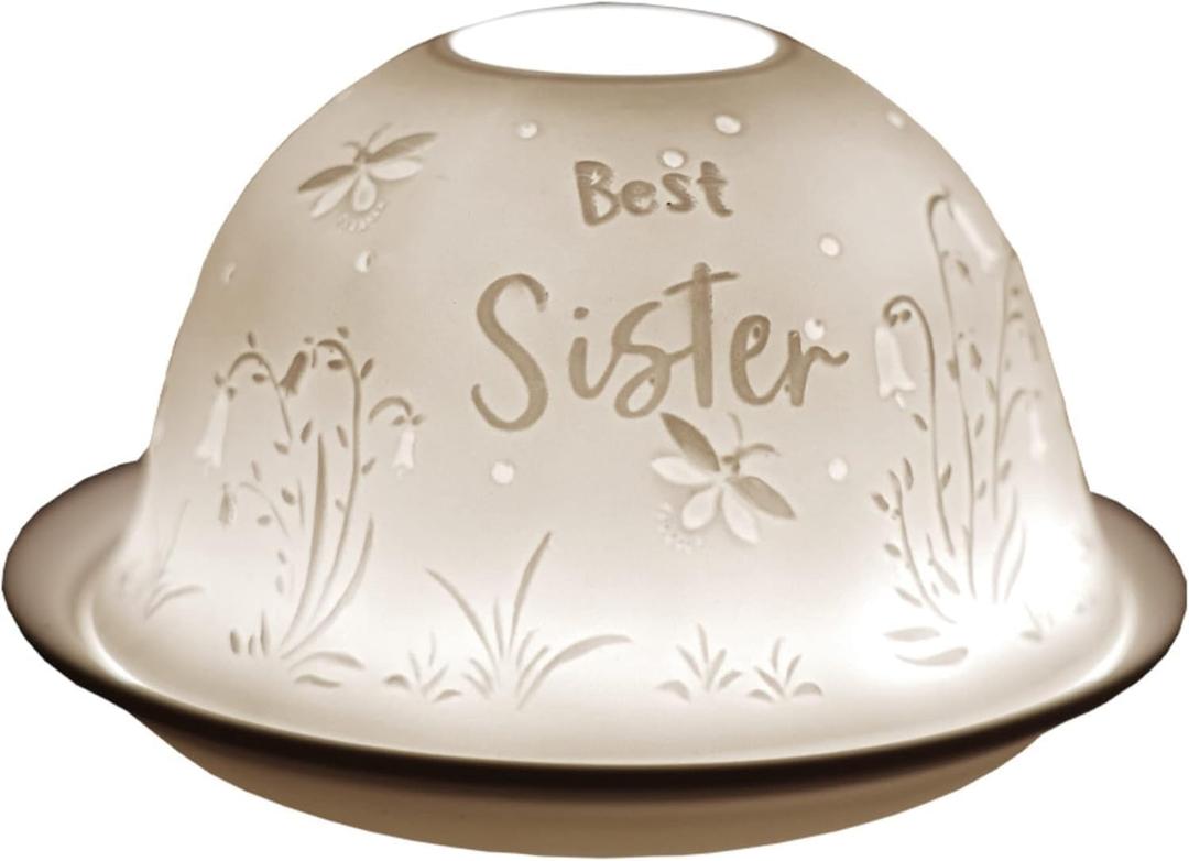 2 x Cello Porcelain Tealight Holder Dome - Best Sister Design with 3D Projection Image & Message Scented Unscented LED Candle Wax Warmer Love Gifts Ornament for Bedroom Home Birthday Present Dad Brother