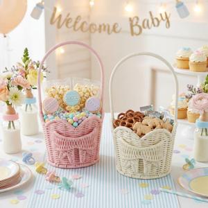 Youyole 2 Pcs Baby Shower Basket with Handle Woven Wicker Bow Wedding Basket for Treasure Storage Gathering Foraging Wedding Birthday Party Baby Shower, Pink White, 11" x 6"x 6"