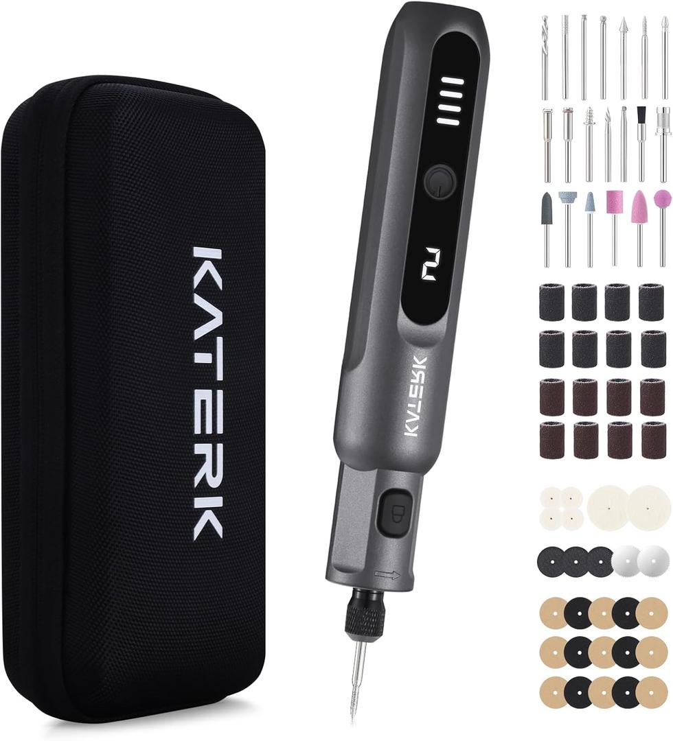 Katerk Mini Cordless Rotary Tool, 5-Speed Rotary Tool Kit, 5000-20000RPM & 70 Accessories, Multi-Purpose 3.7V Power Rotary Tool for Sanding, Engraving, Polishing, Drilling, DIY Crafts, 3D Printing (Grey)