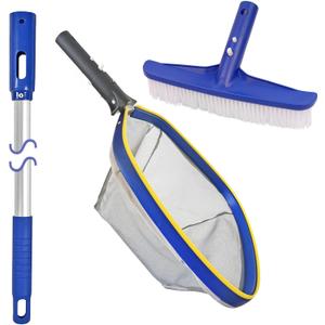Poolvio Swimming Pool Cleaning Kit, 14'' Brush Head & 50'' Telescopic Aluminum Pole with Fine Mesh Skimmer Net - Perfect for Above Ground Pools, Spas, Hot Tub Fountains Blue (PK0140)
