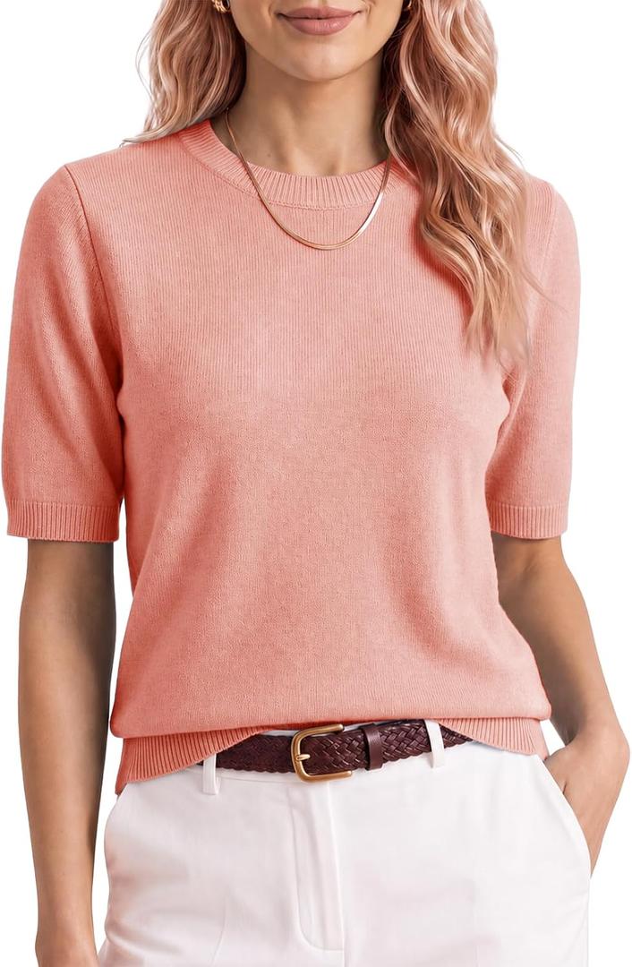 Saodimallsu Womens Short Sleeve Sweater Crew Neck Pullover Summer Lightweight Loose 2025 Knit Tops Dressy Casual Blouse (Pink, L)