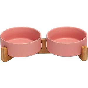 SPUNKYJUNKY 15° Slanted Ceramic Dog and Cat Bowl with Wooden Stand, Tilted Bulldog Food and Water Bowl No Slip Non-Spill for Cats Medium Dogs Big Face Pets 28.7 OZ (3.6 Cups, Pink × 2)