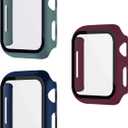 2 x 3 Pack Multi-Color Cases with Tempered Glass Screen Protector for Apple Watch Series 7/8/9 45mm, Navy Blue + Wine Red(Dark Red) + Pine Green, Smooth Touch, Easy Installation, Full Screen Shield, High Protection