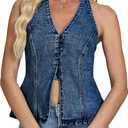 D-Sun Women Sleeveless Denim Vest Denim Halter Top Tie Backless Button Down Y2K Strapless Front Slit Sexy Jean Tank (Blue, XL)