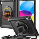 TSQQST iPad (A16) 11th/10th Generation Case 10.9 Inch 2025/2022 with Screen Protector | Military Grade | 360 Rotating Stand & Hand Shoulder Strap | Rugged Silicone Heavy Duty Drop Protection | Black