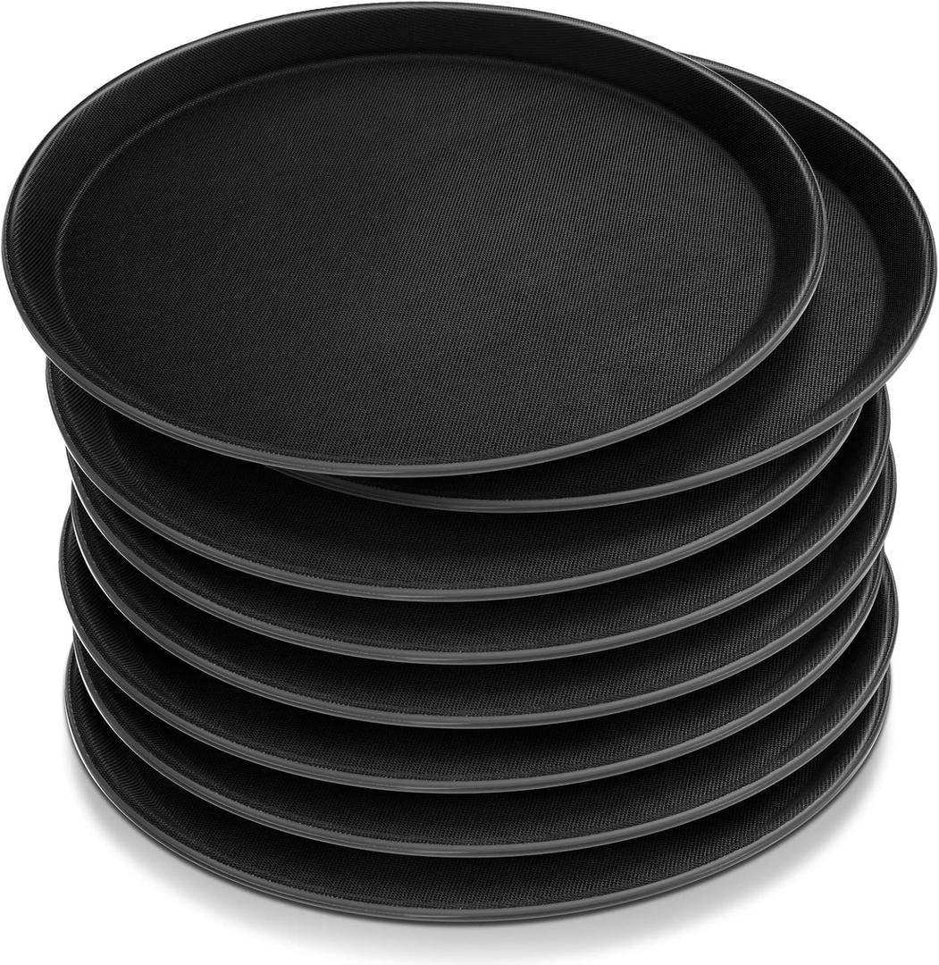 Zopeal 8 Pieces Black Round Restaurant Serving Tray, Plastic Non Slip Surface Food Meals Server Tray with Raised Edges for Home, Kitchen, Restaurant, Cafeteria, Bar (11",Black)