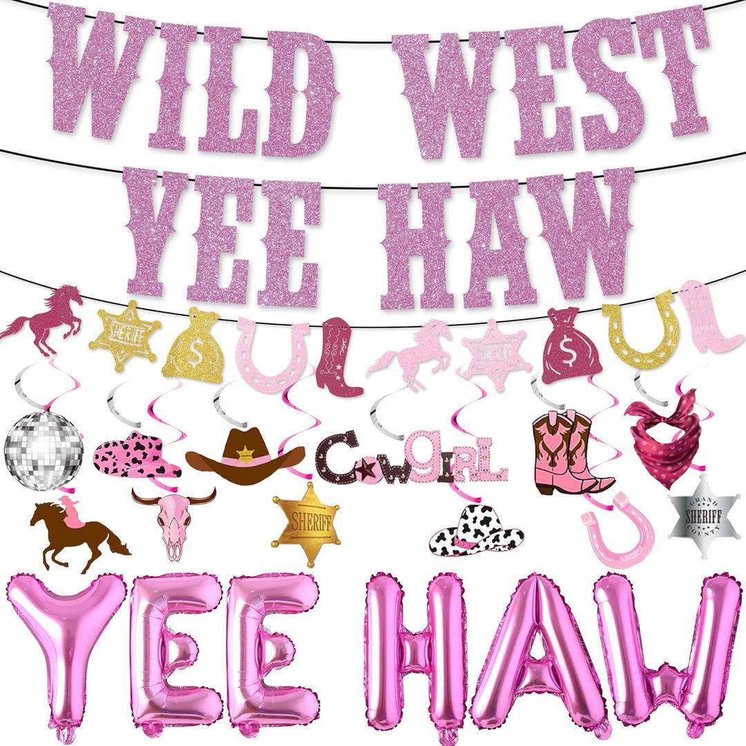 Wild West Cowgirl Party Decorations - Pink Disco Western Themed Party Decor Yee Haw Banner Balloons Garland, Hanging Swirls for Adult Rodeo Birthday Party Supplies