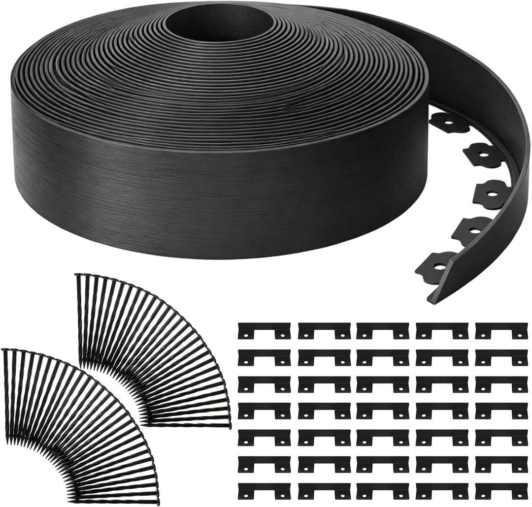 Queekay 148 ft Garden Landscape Edging 4 Inch Tall with 70 Spiral Anchors & 20 Connectors, Lawn Edging Border Straight Top Garden Border Roll Kit for Walkway, Flower Bed, Lawn, Yard Decor