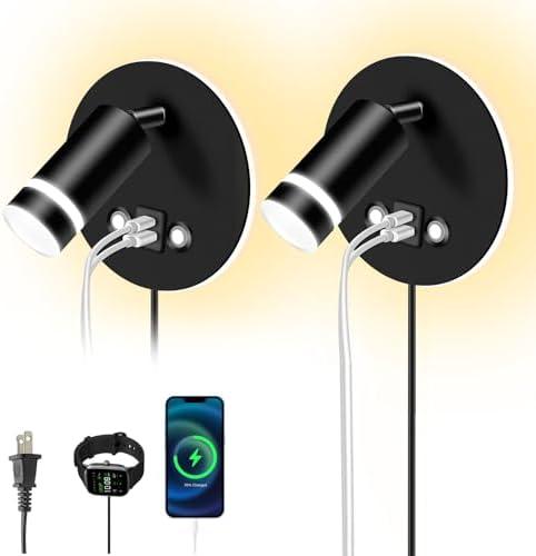 ERAY Wall Mounted Reading Light, Adjustable Wall Sconces with USB and Type-C Charging Port/Touch Control, 3000K/4000K/6000K 350° Rotatable LED Spotlight & Backlight for Bedside Bedroom -Pack of 2 