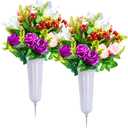 Cemetery Flowers, Artificial Cemetery Flowers for Grave with Vase, Realistic Rose & Lily Bouquets, Fade-Resistant All-Weather Grave Flowers for Cemetery Headstones Decoration(Purple&White&Pink&Red)