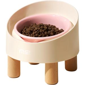 MS!MAKE SURE Ceramic Elevated Cat Bowls with Wooden Stand Set, Adjustable Raised Pet Bowls for Small Dogs & Cats, Anti  Slip Rubber Pad, Leak  Proof, Lead & Cadmium Free, Whisker  Friendly, Pink