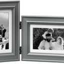 4x6 Double Picture Frame Vertical Horizontal Hinged Pine Wood Folding Photo Frame with Real Glass, Combo Display 4x6 Photos Matted to 3x5, Free-Standing Desk Tabletop or Wall Decor, Gray
